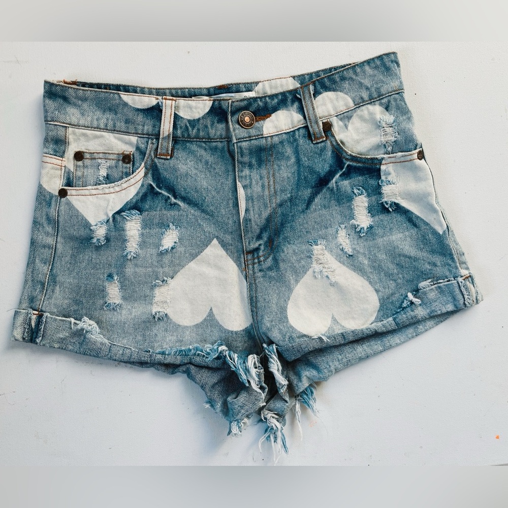 Aishikada High Waisted Cheeky Distressed Blue Heart Print Denim Shorts Medium